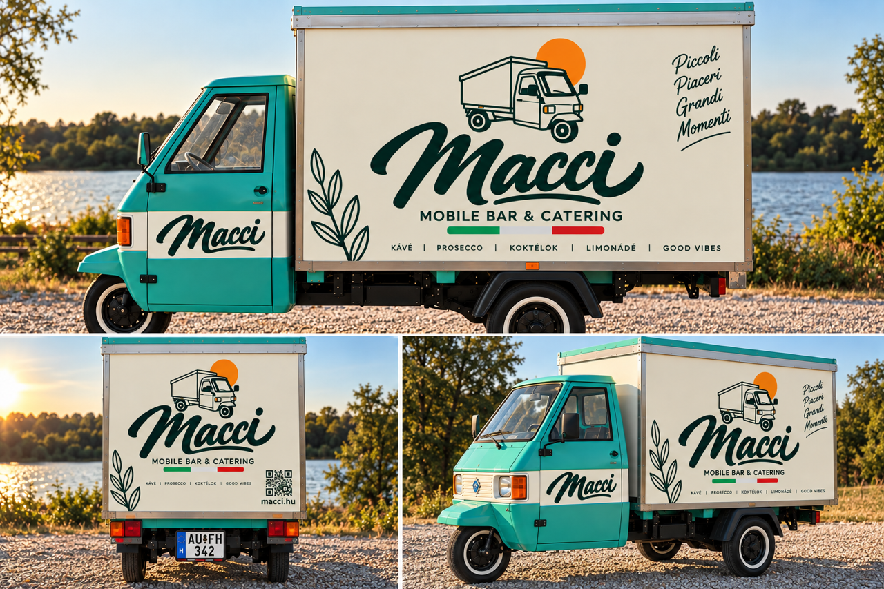 Mentazöld Macchi Piaggio Ape mobil bár három nézetben: oldalról, hátulról és elölről